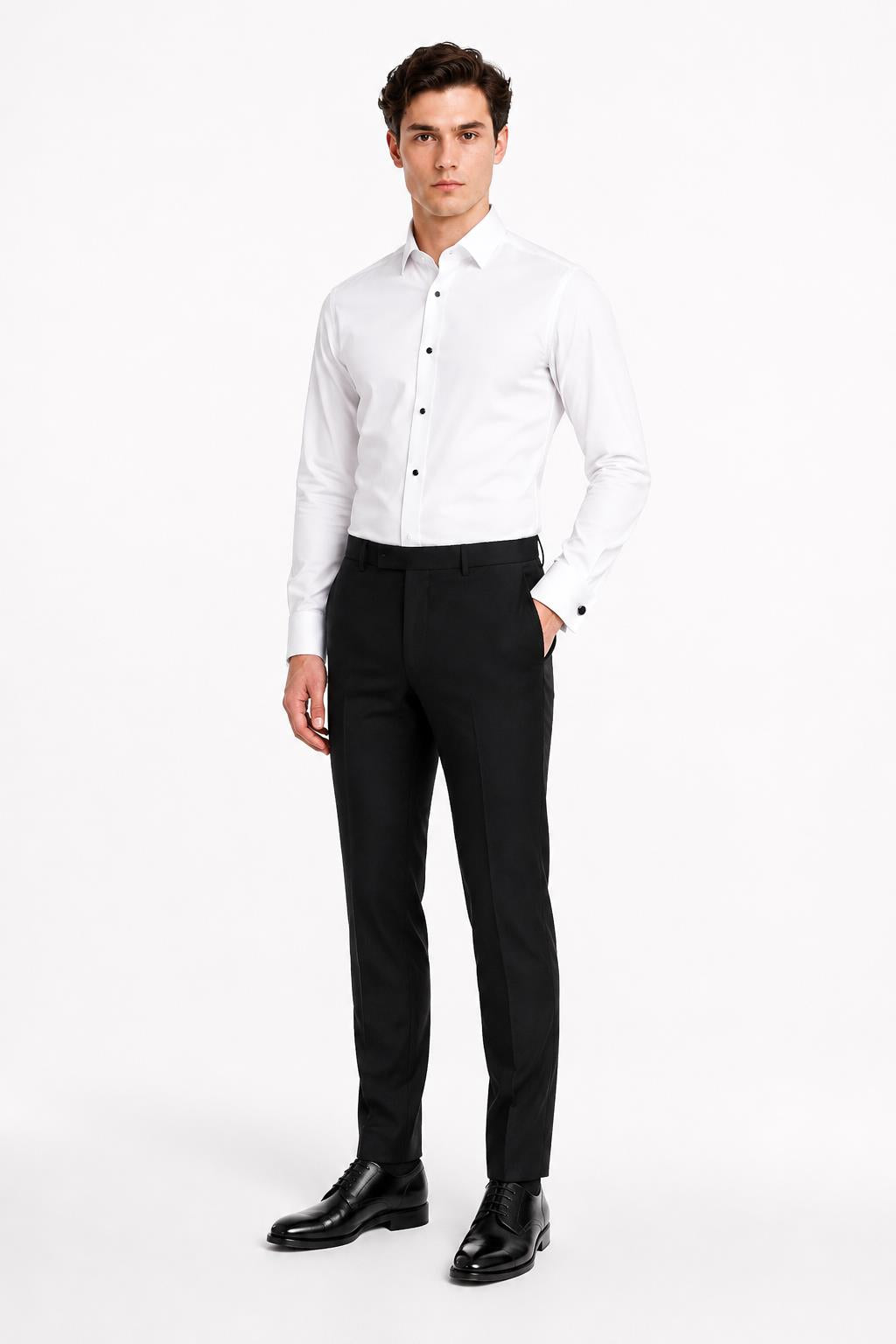 Men's White Formal Shirt with Black Buttons & Pocket Square