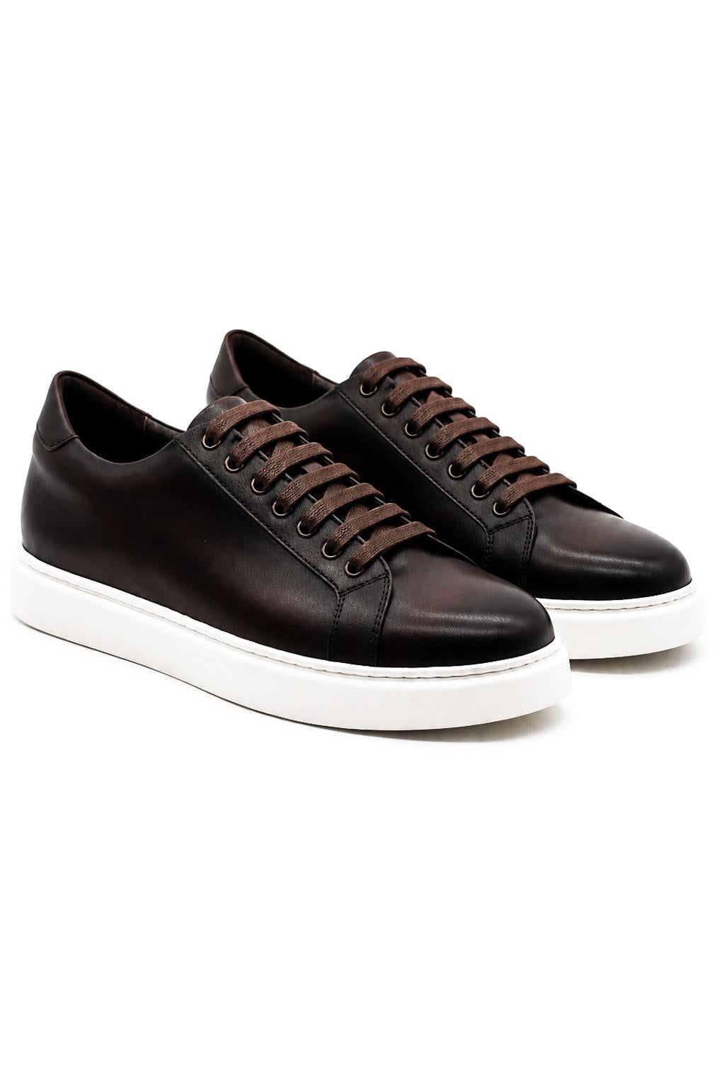 Men's Brown Real Leather Lace-Up Trainers White Sole