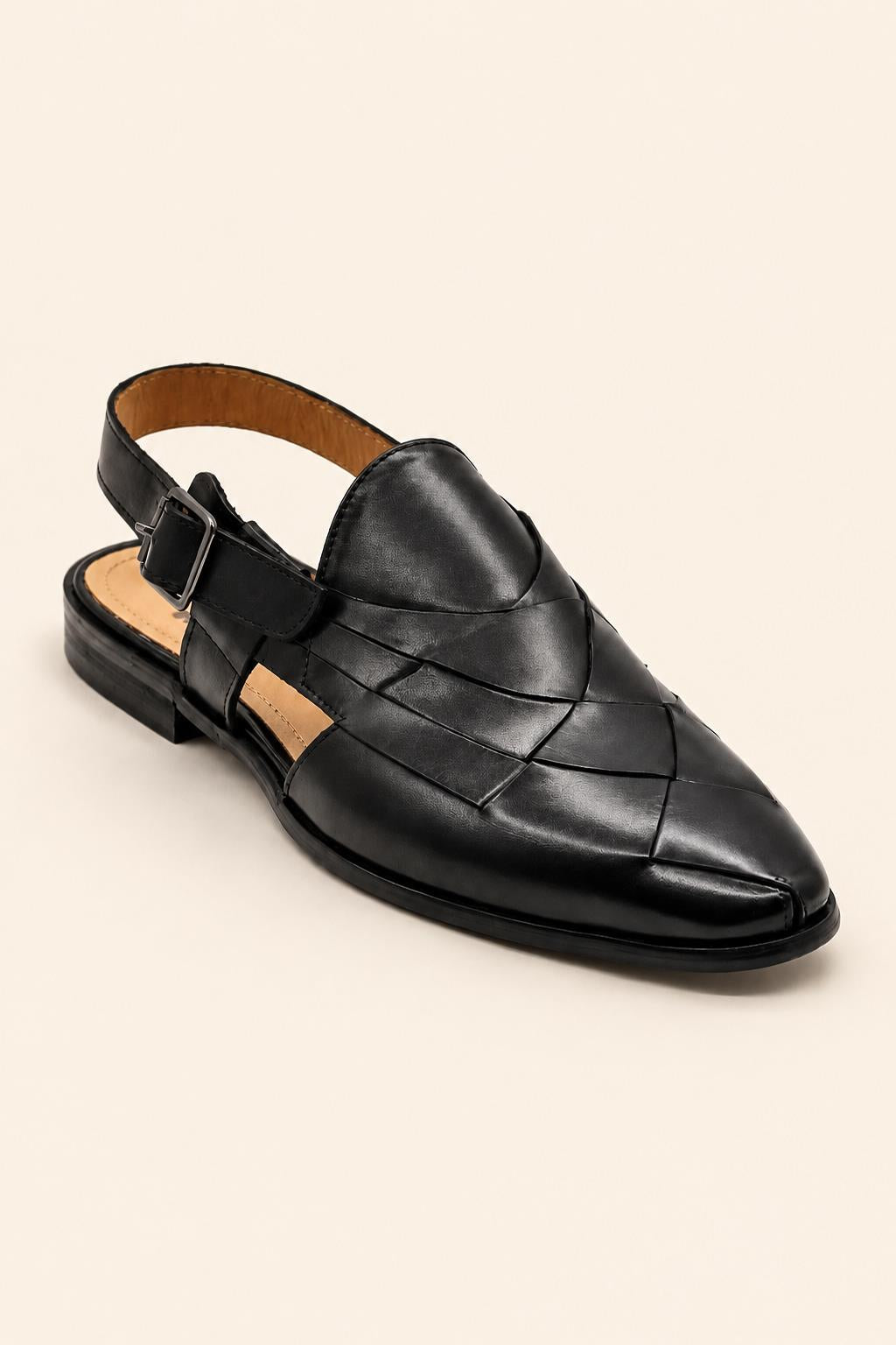 Men's Black Handmade Real Leather Woven Sandals
