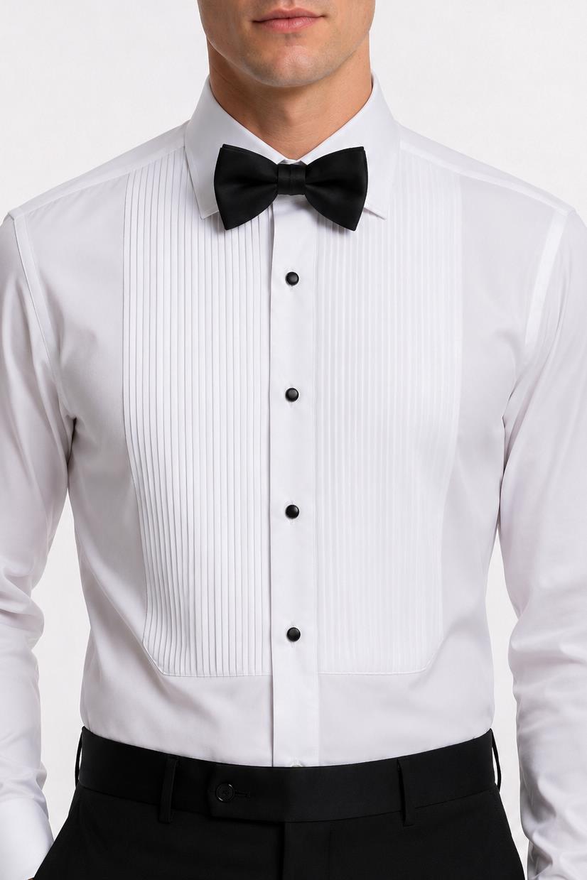Men's White Pleated Front Tuxedo Shirt with Black Buttons & Pocket Square