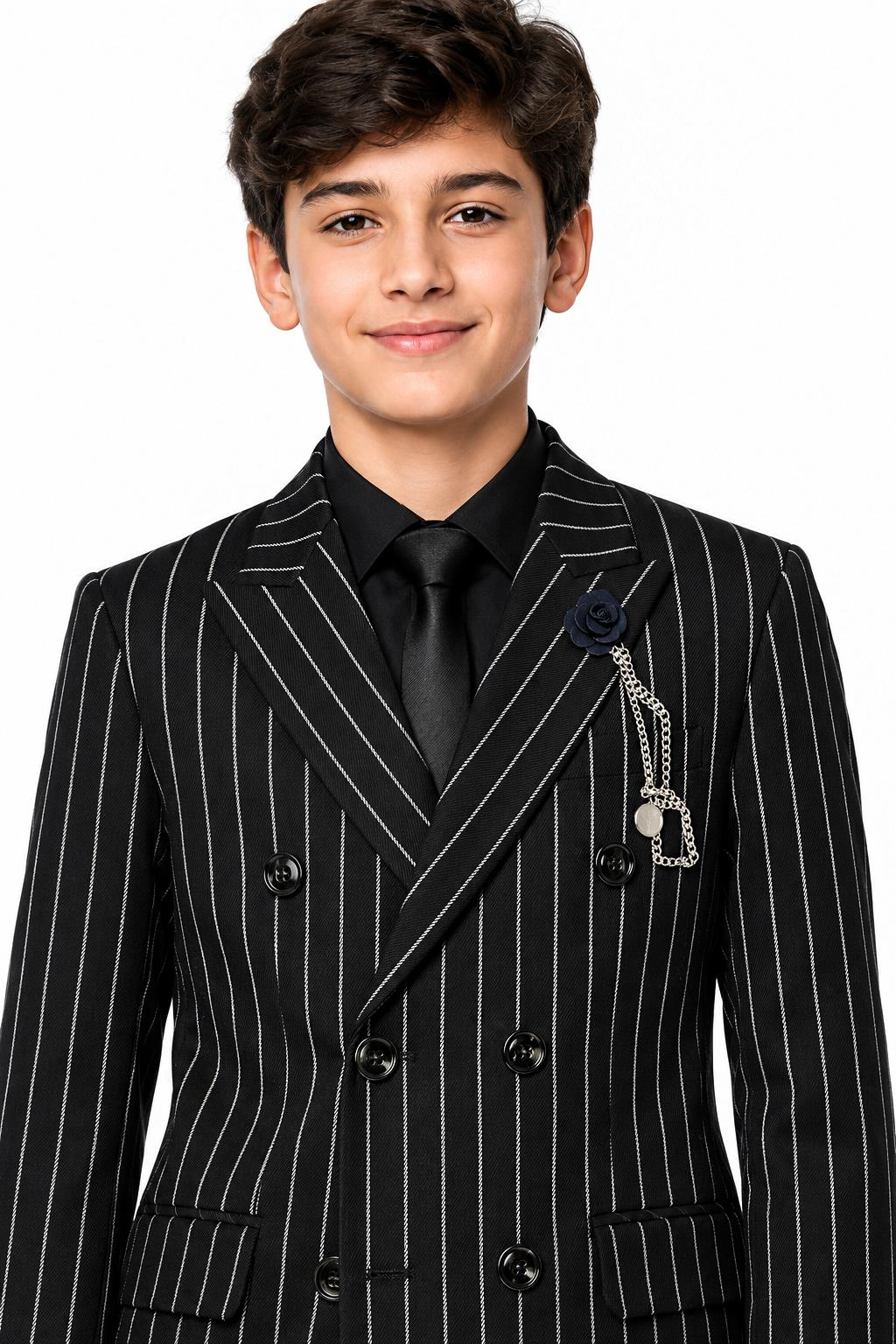 Boys Alfred Black & White Pinstripe Double Breasted 2 Piece Suit with Lapel Pin