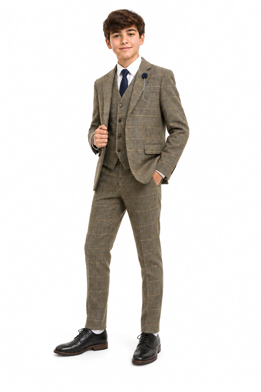 Boys Tan Brown Tweed Check 3 Piece Suit with Lapel Pin