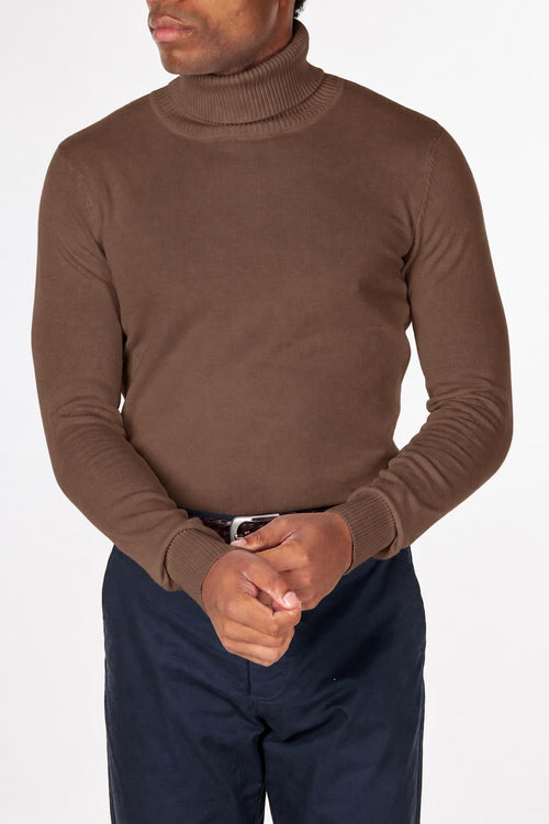 Men's Mocha 100% Cotton Fine Knit Roll Neck Jumper