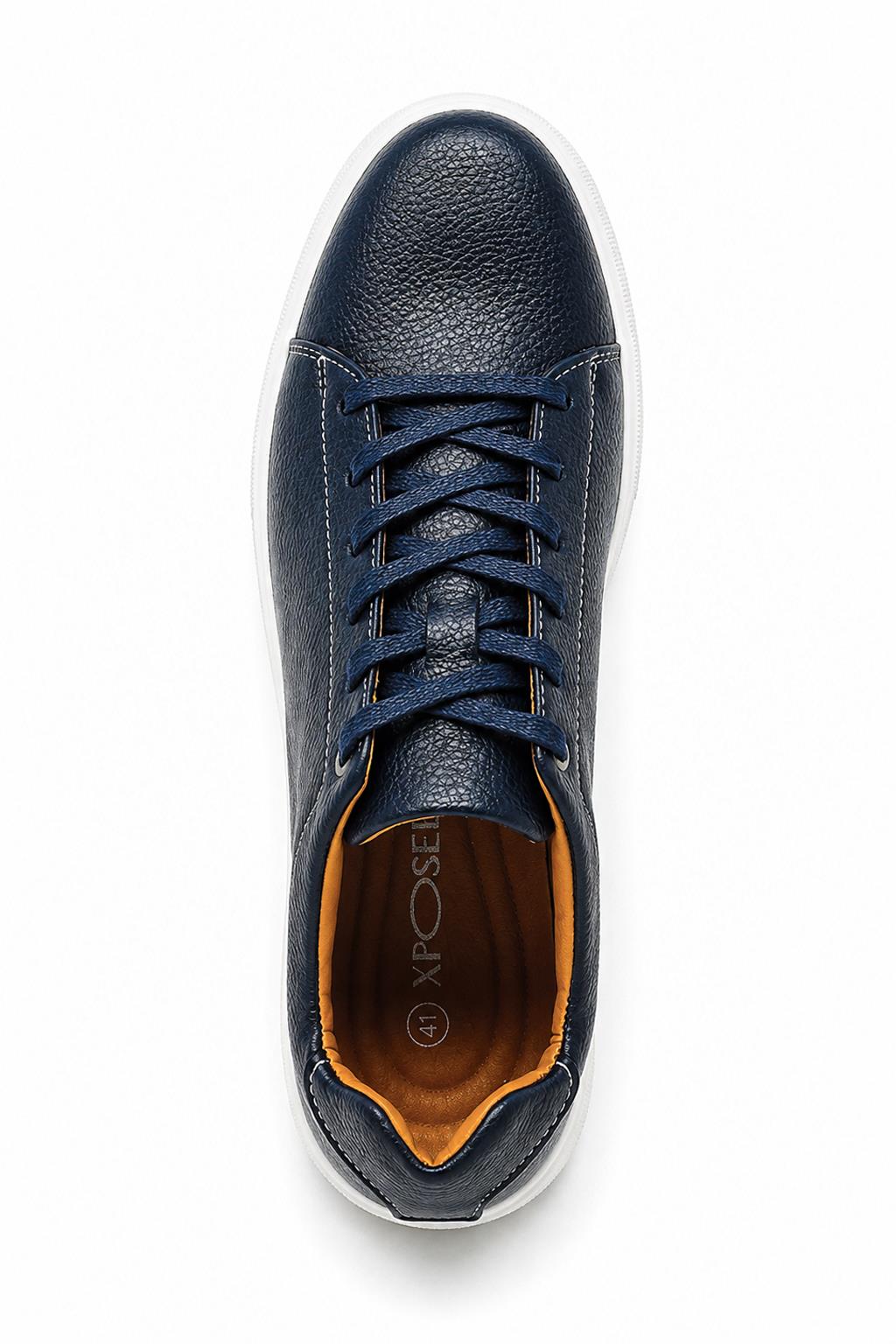 Men’s Navy Grain-Effect Faux Leather Lace-Up Trainers