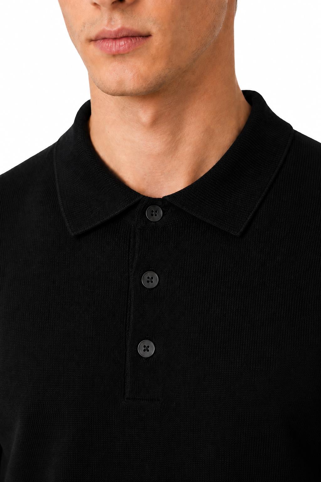 Men's Black 100% Cotton Fine Knit Button Neck Polo Jumper