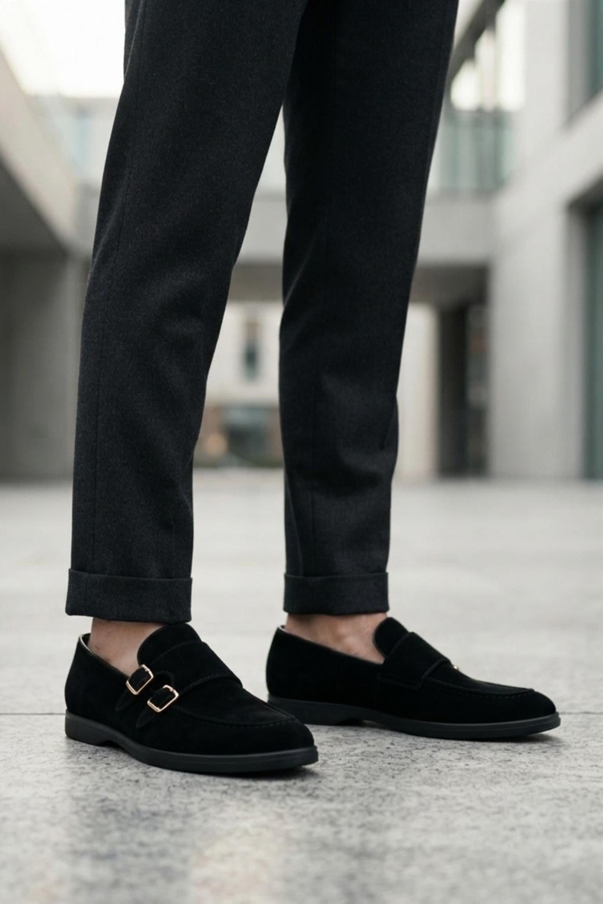 Men's Black Faux Suede Double Monk Strap Loafers