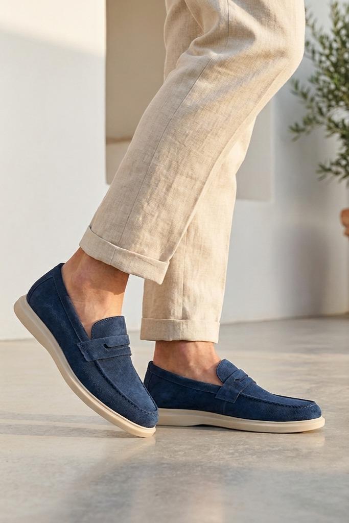 Men’s Milo Navy Blue Suede Leather Penny Loafers