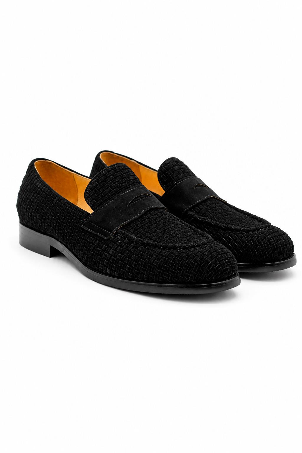 BRIO Men’s Black Woven Suede Leather Penny Loafers