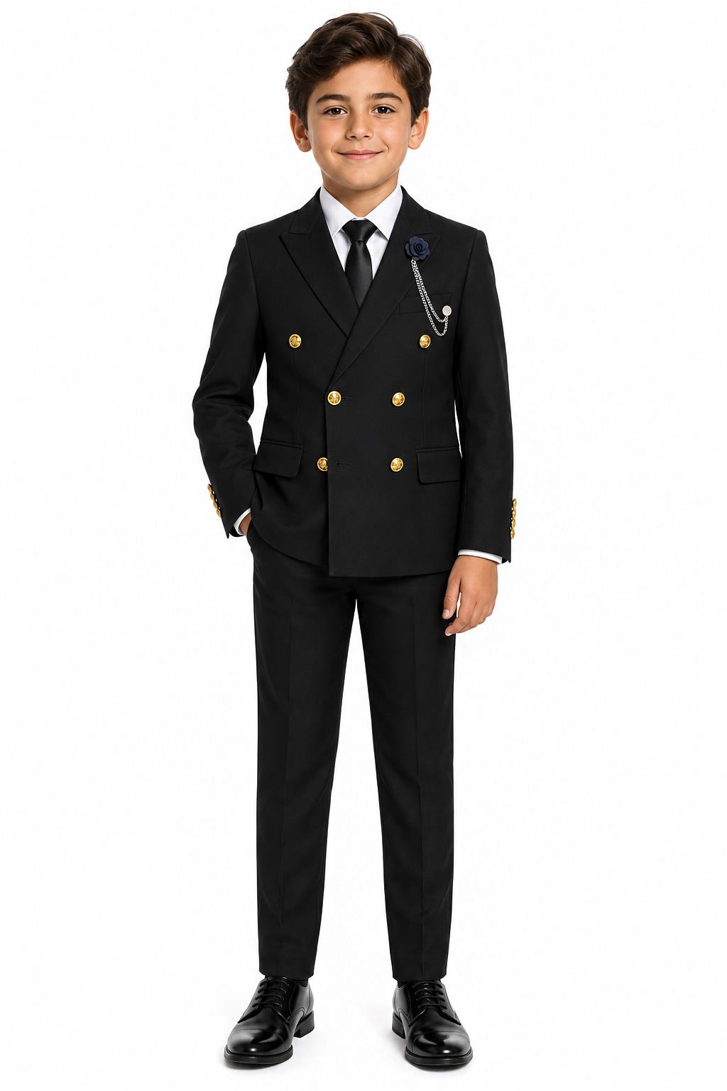 Boys Black Double Breasted 2 Piece Suit with Gold Buttons & Lapel Pin