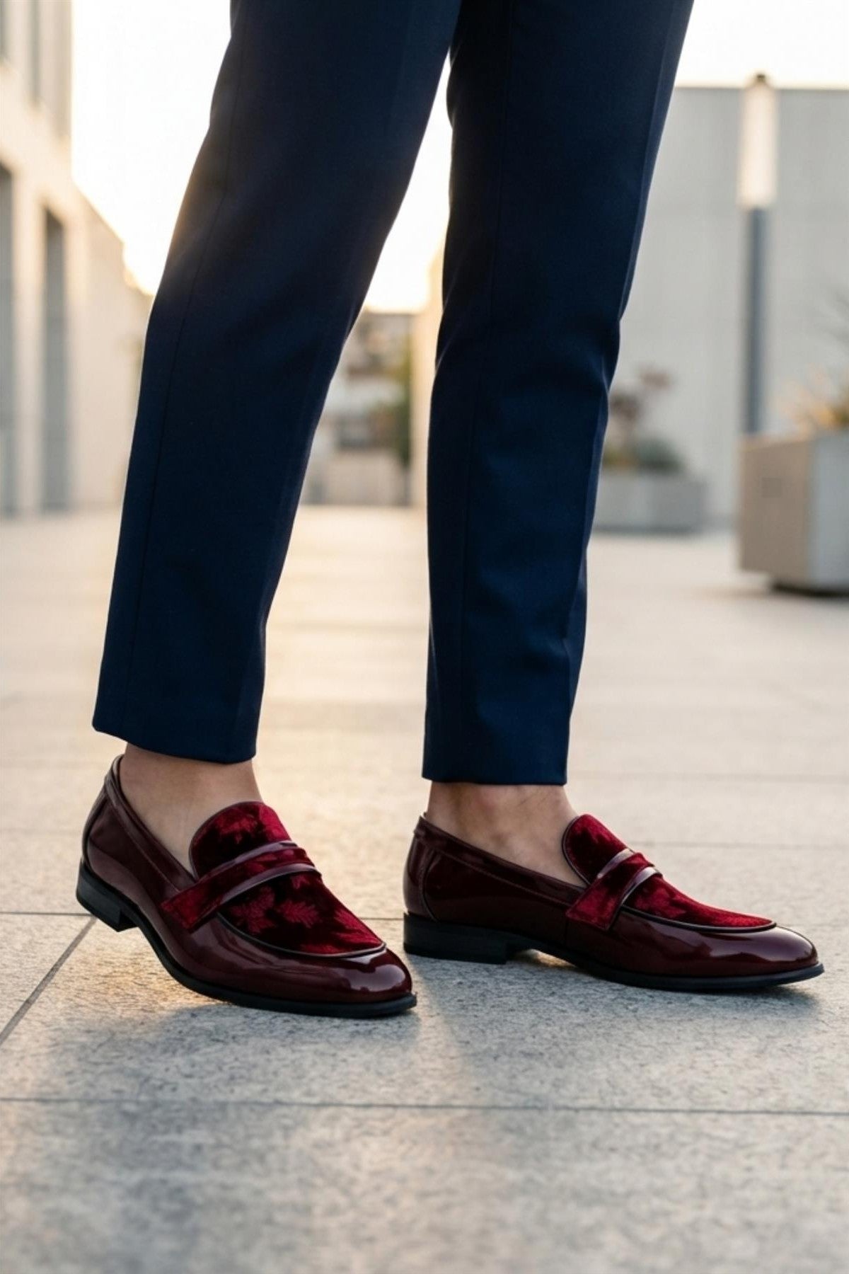 Men's Maroon Floral Velvet Patent Dress Loafers