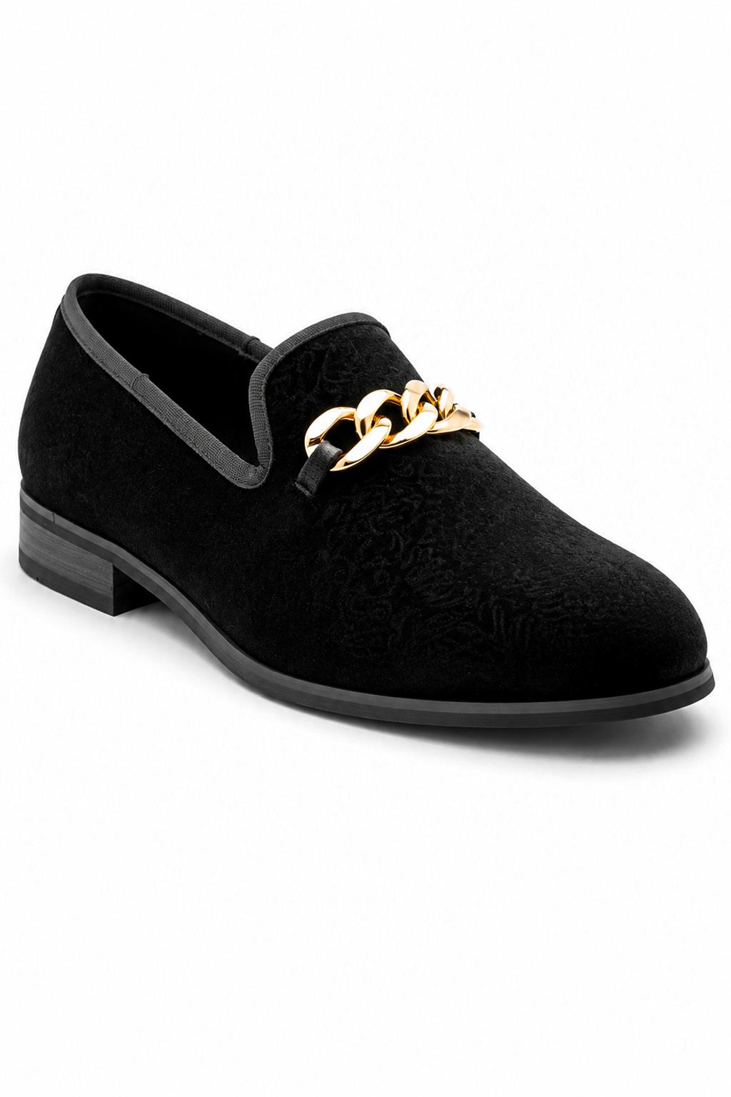 Men's Black Floral Velvet Gold Chain Wedding Loafers