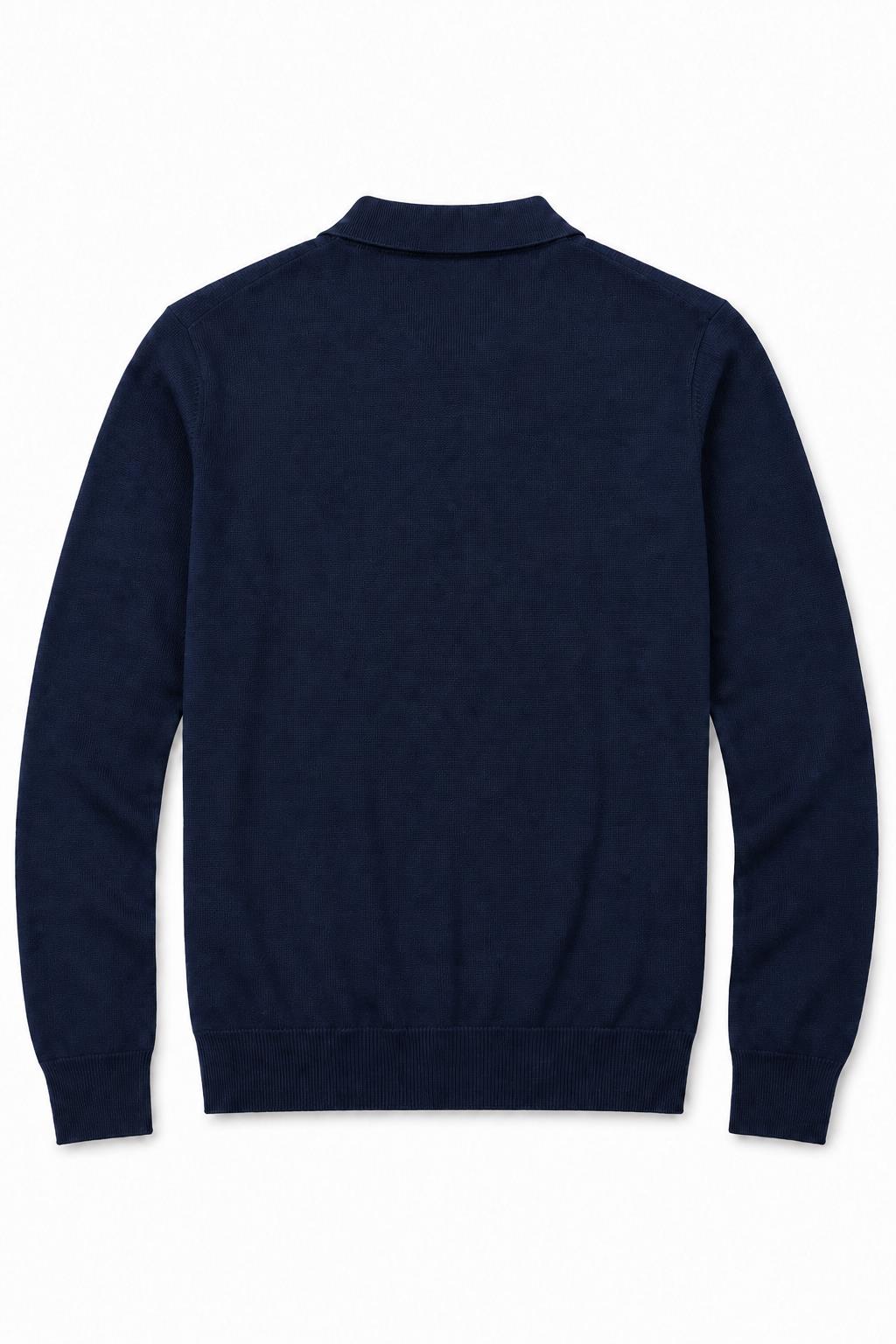 Men's Navy 100% Cotton Fine Knit Button Neck Polo Jumper