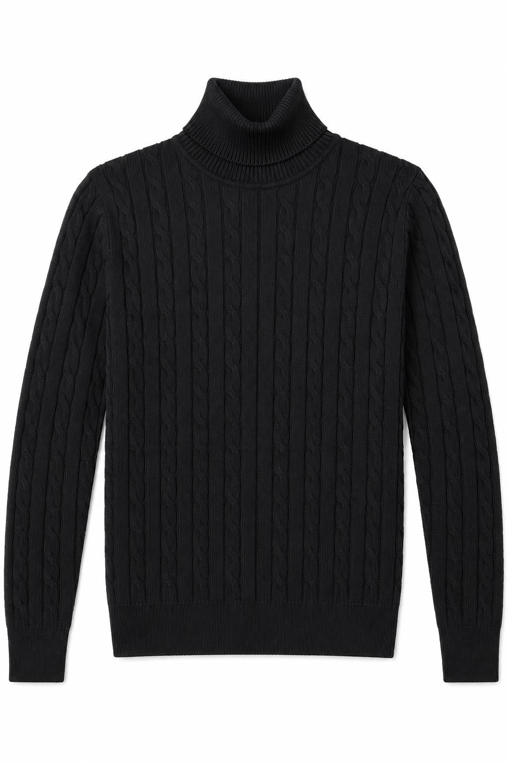 Men's Black 100% Cotton Fine Cable Knit Roll Neck Jumper