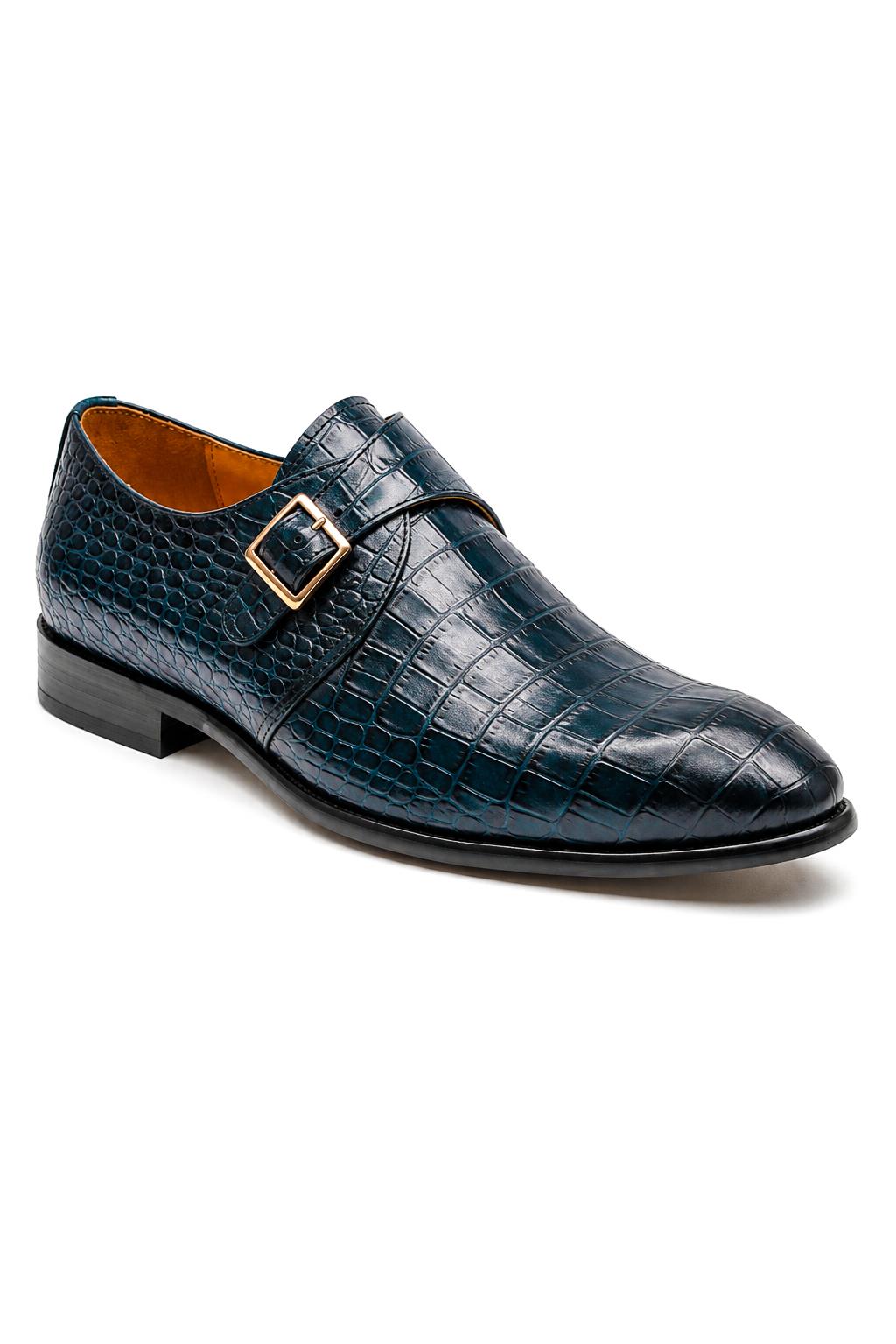 VALE Men’s Dark Blue Croc-Embossed Leather Monk Strap Shoes