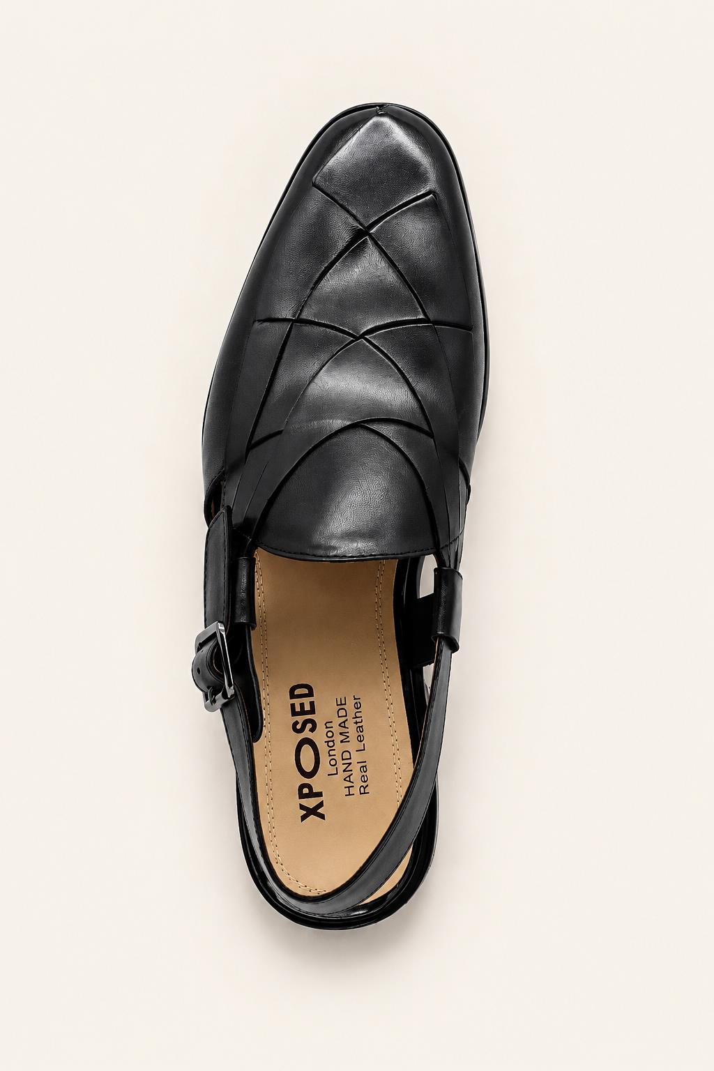 Men's Black Handmade Real Leather Woven Sandals