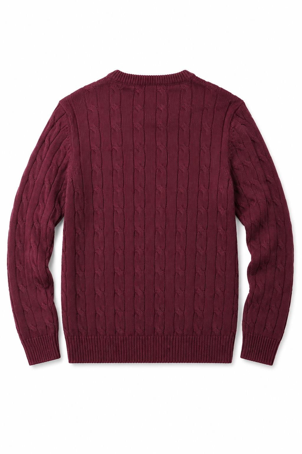 Men's Maroon 100% Cotton Fine Cable Knit Crew Neck Jumper