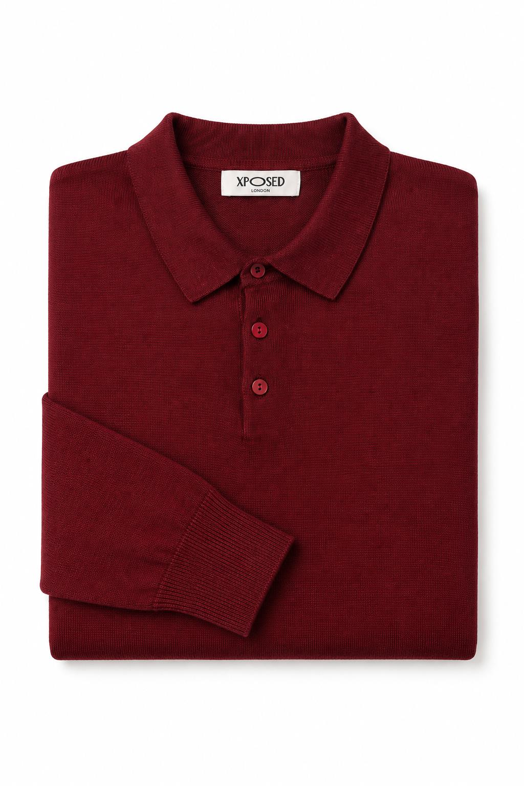 Men's Maroon 100% Cotton Fine Knit Button Neck Polo Jumper