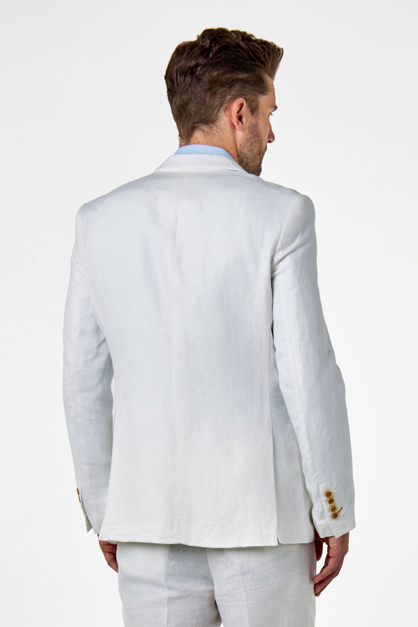 RAY - Tailored Fit Off White Herringbone Linen Double Breasted Jacket