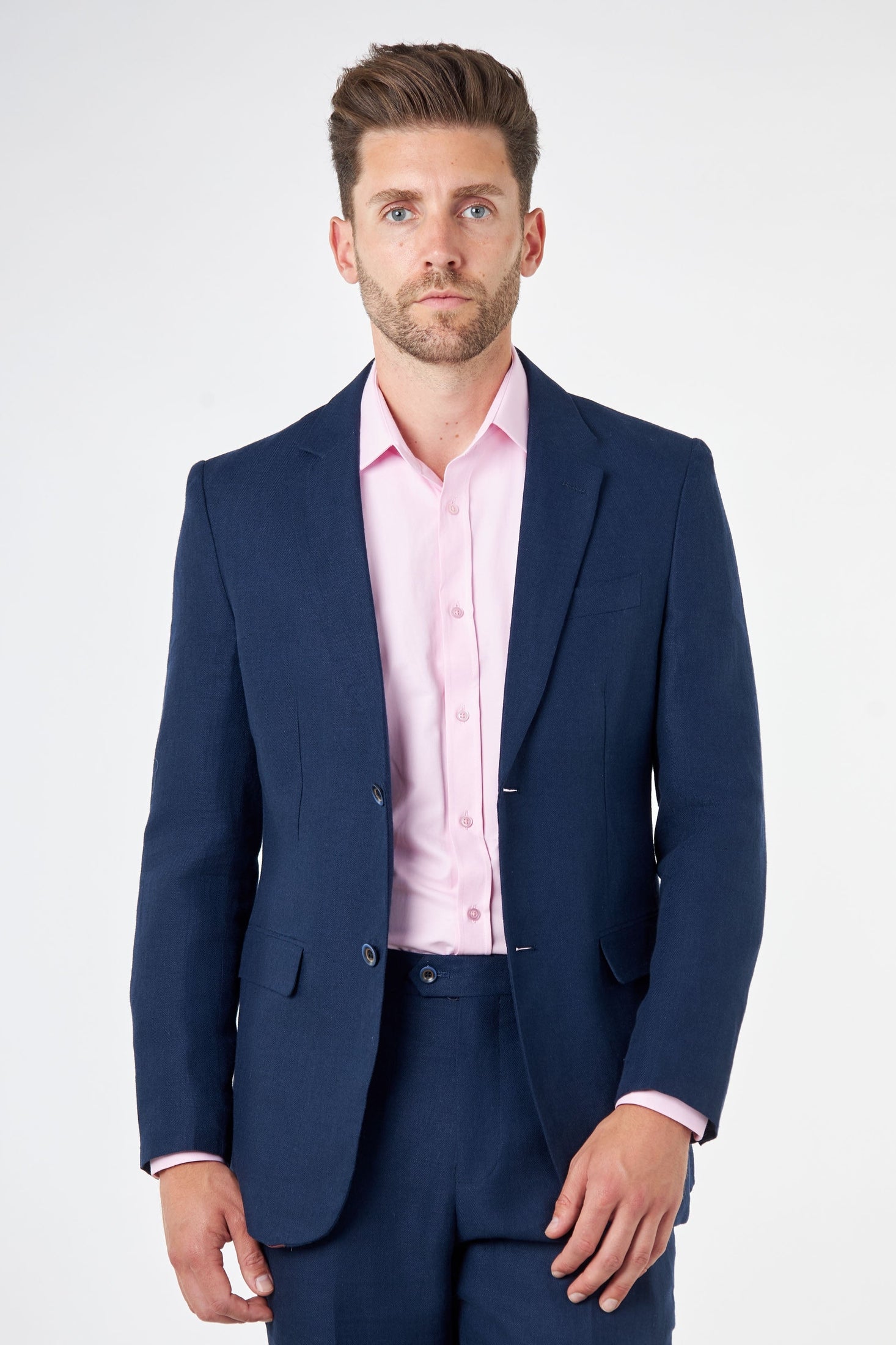 RAY - Tailored Fit Navy Herringbone Linen Suit Jacket