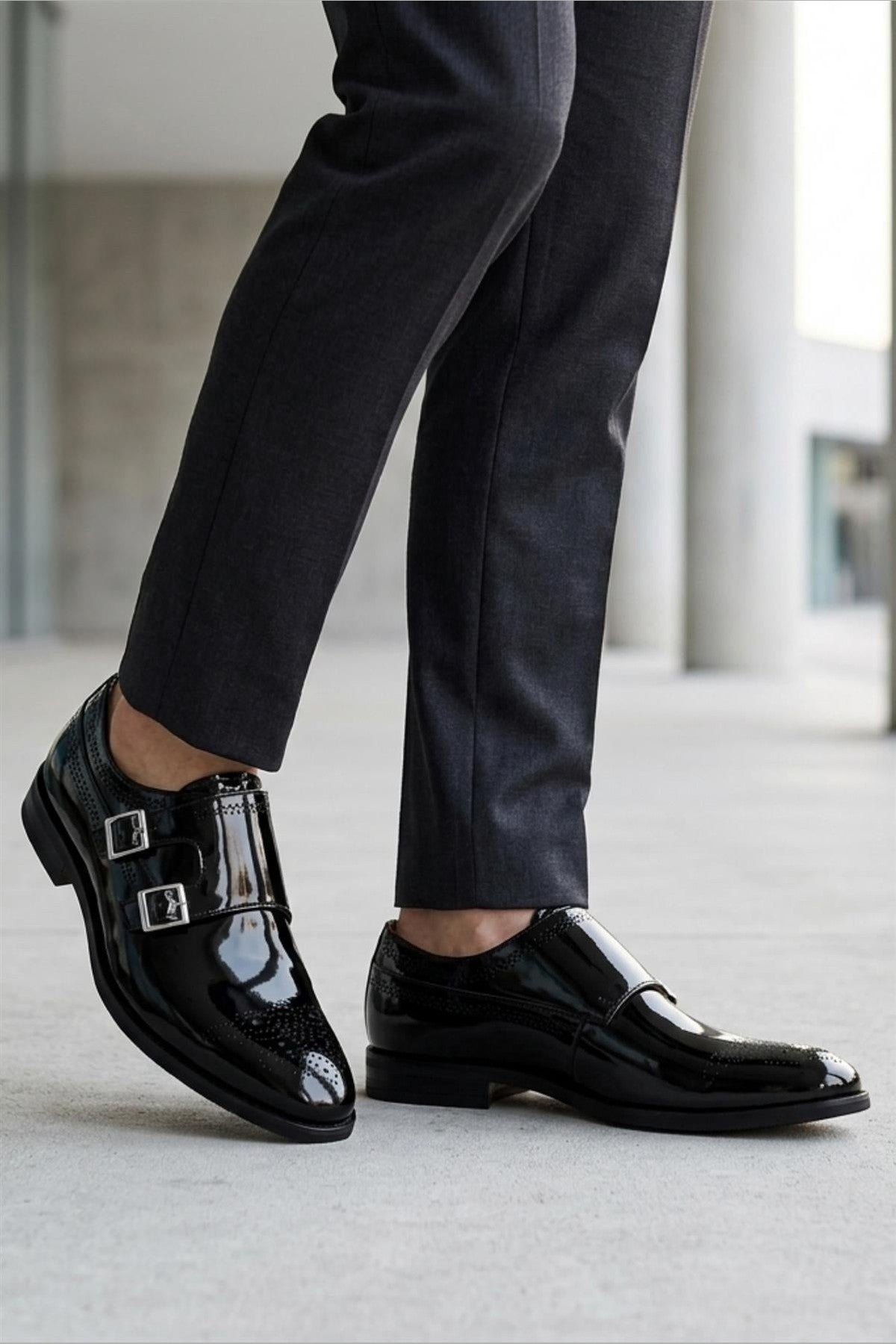 ROAN Men’s Black Hi-Shine Patent Leather Monk Dress Shoes