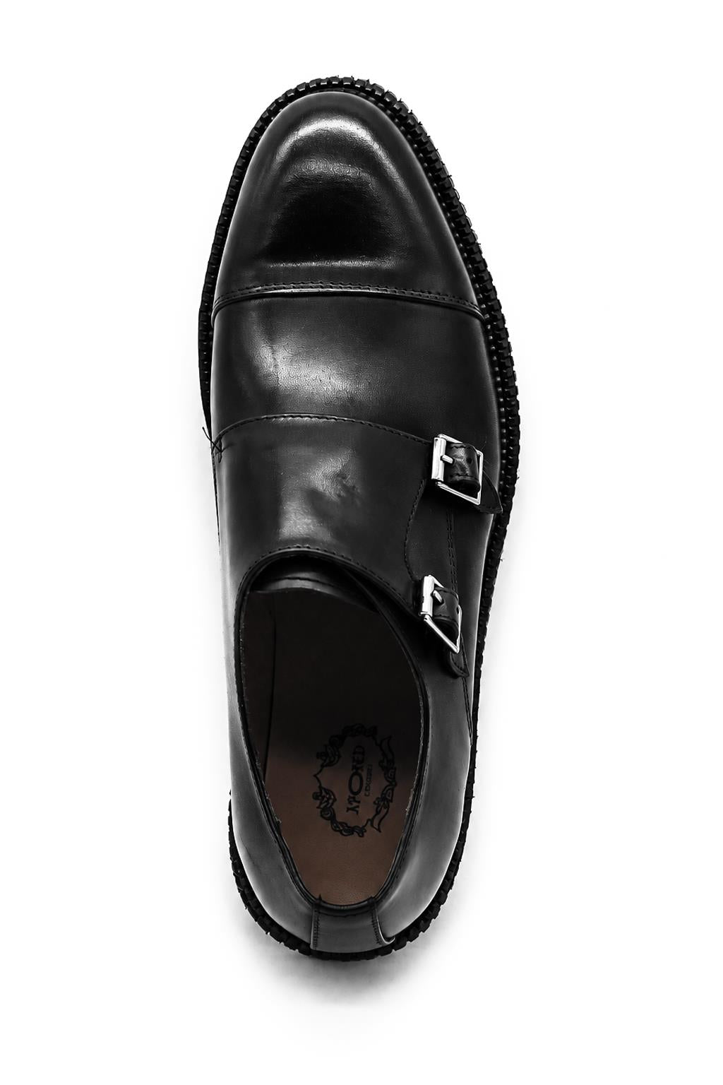 Men's Black Polished Leather Double Monk Strap Shoes - Chunky Sole