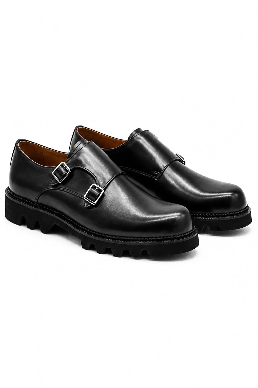 KNOX Men’s Black Leather Chunky Double Monk Strap Shoes