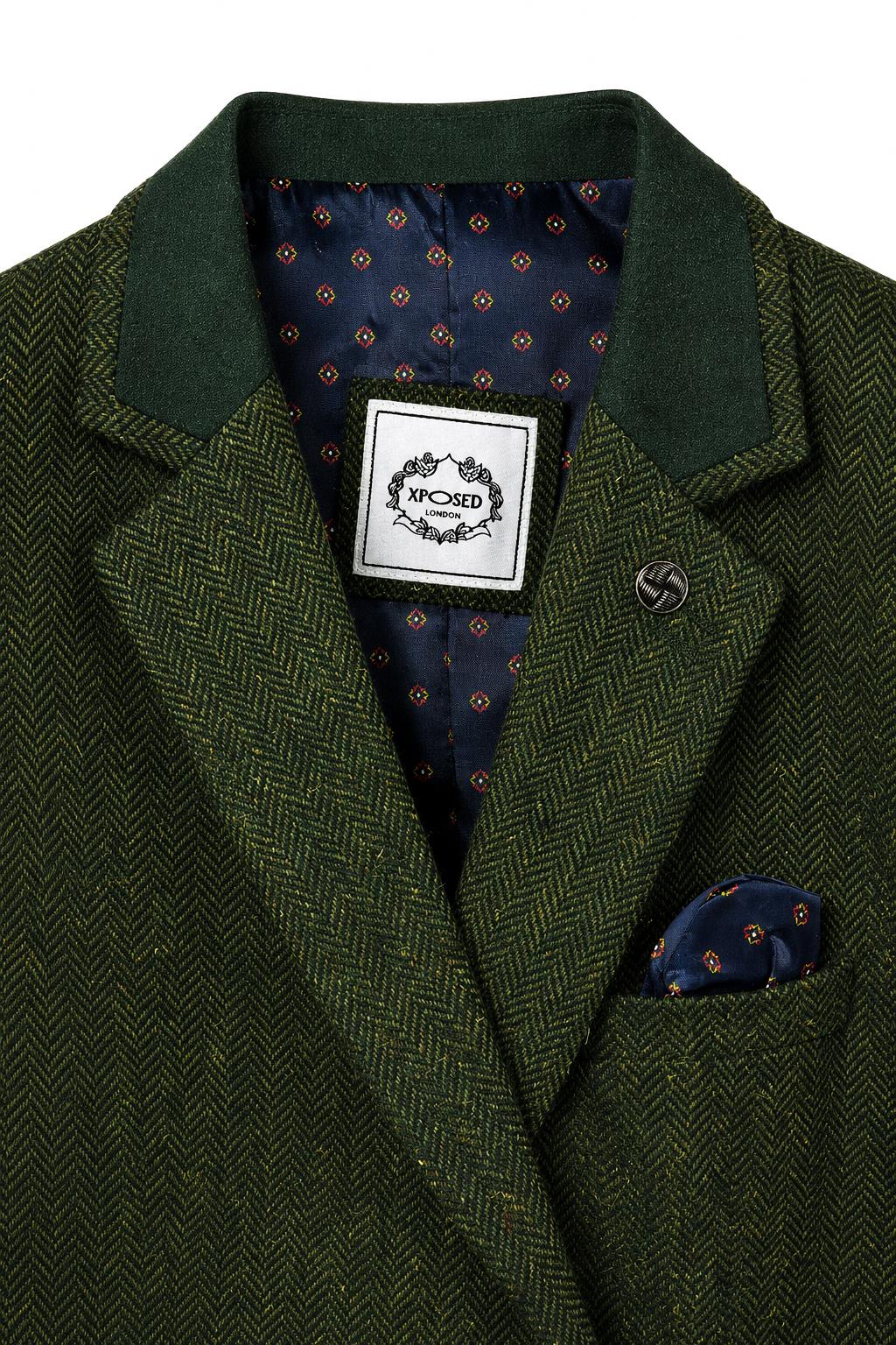 Men's Olive Green Herringbone Wool Blend Tailored Fit Overcoat