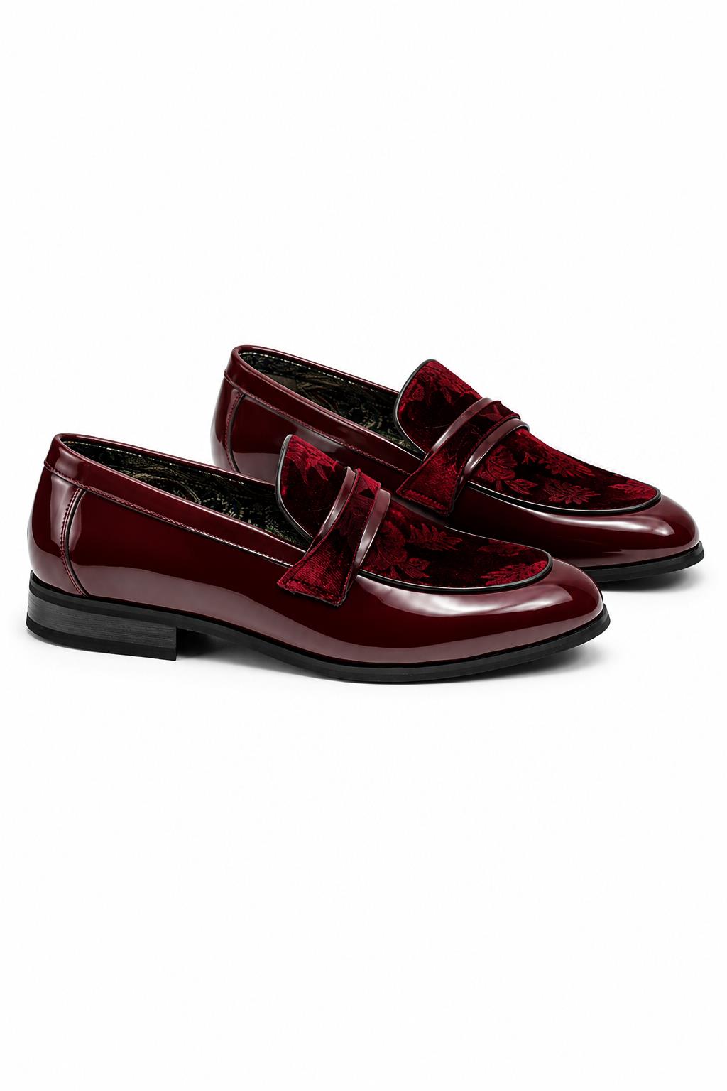 Men's Maroon Floral Velvet Patent Dress Loafers