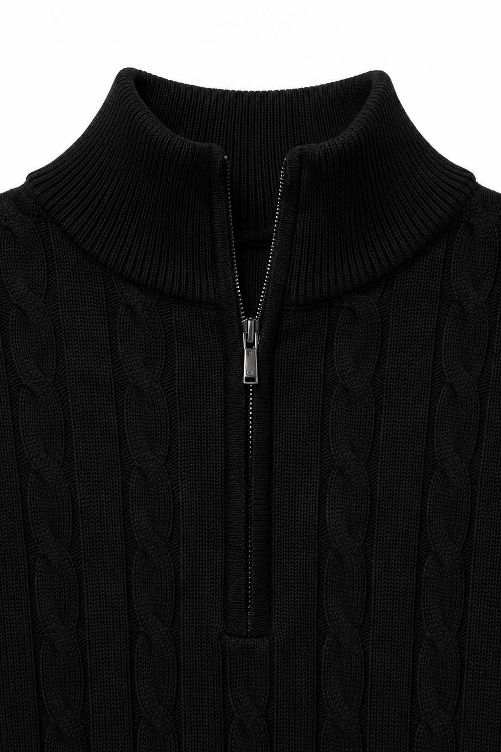 Men's Black 100% Cotton Fine Cable Knit Quarter Zip Neck Jumper