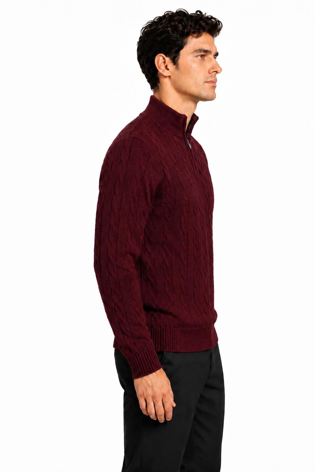 Men's Maroon 100% Cotton Fine Cable Knit Quarter Zip Neck Jumper