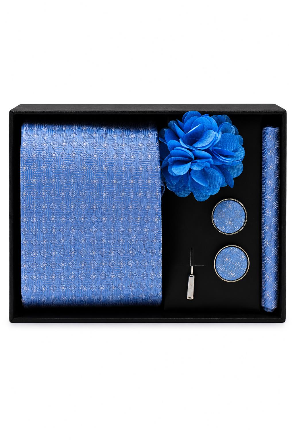 Men’s Light Blue Mini Check Patterned 4-Piece Tie Gift Set