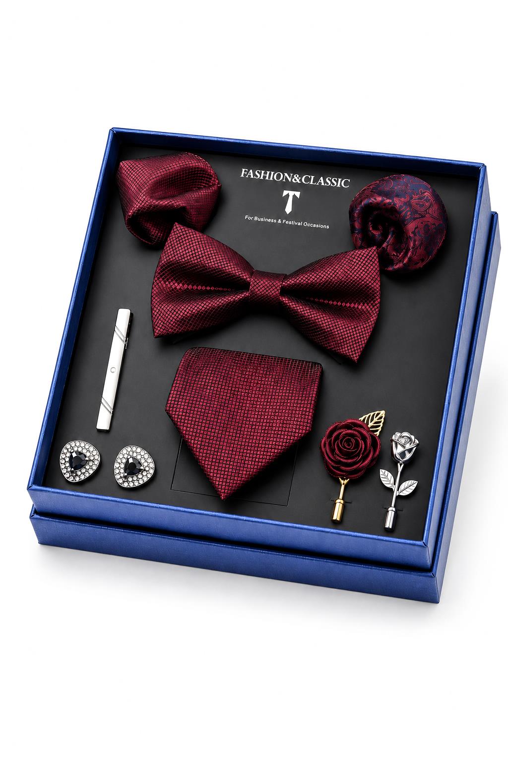 Men’s Burgundy 8-Piece Tie & Bow Tie Wedding Gift Set