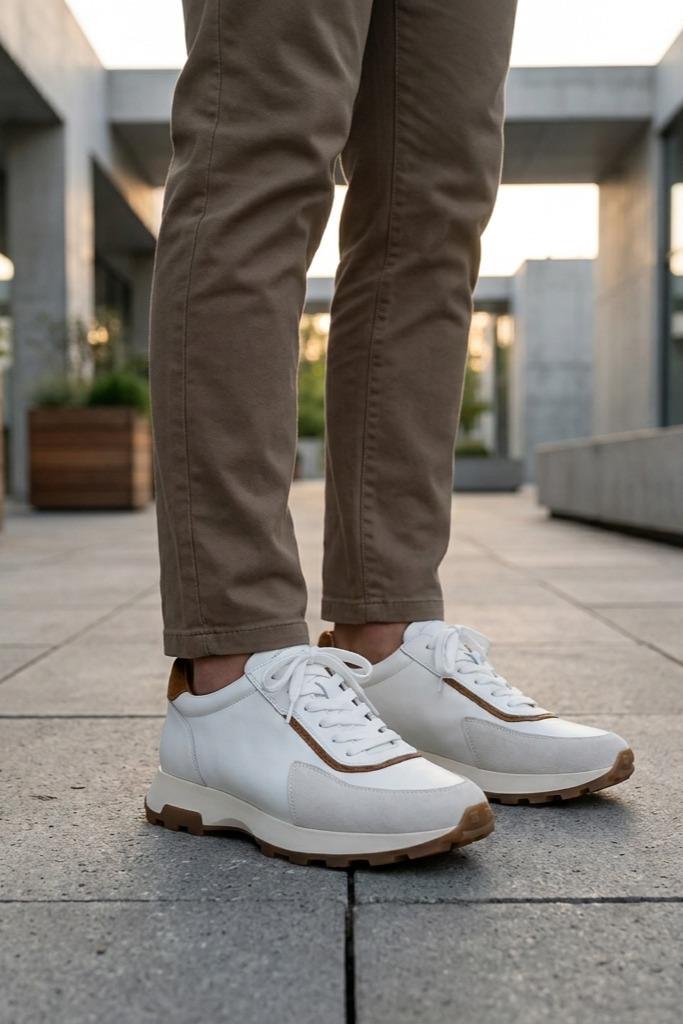 Men's White Handmade Real Leather Trainers