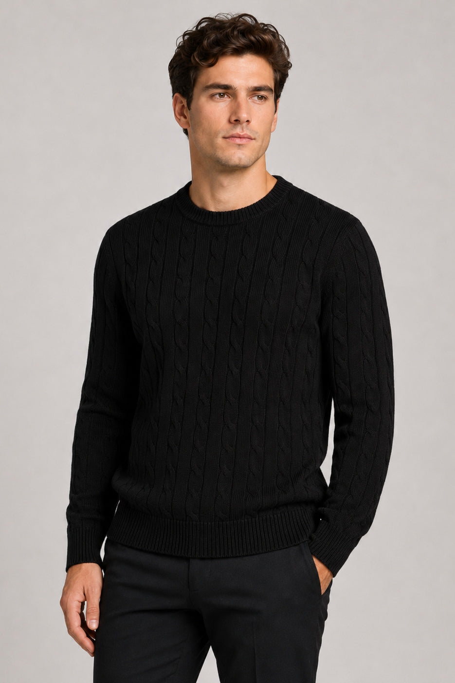 Men's Black 100% Cotton Fine Cable Knit Crew Neck Jumper