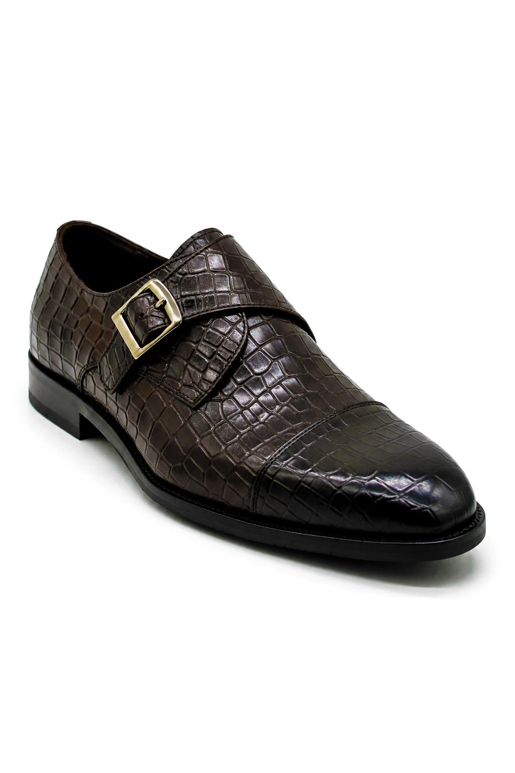 ELAN - Men's Coffee Brown Croc Embossed Leather Single Monk Strap Shoes