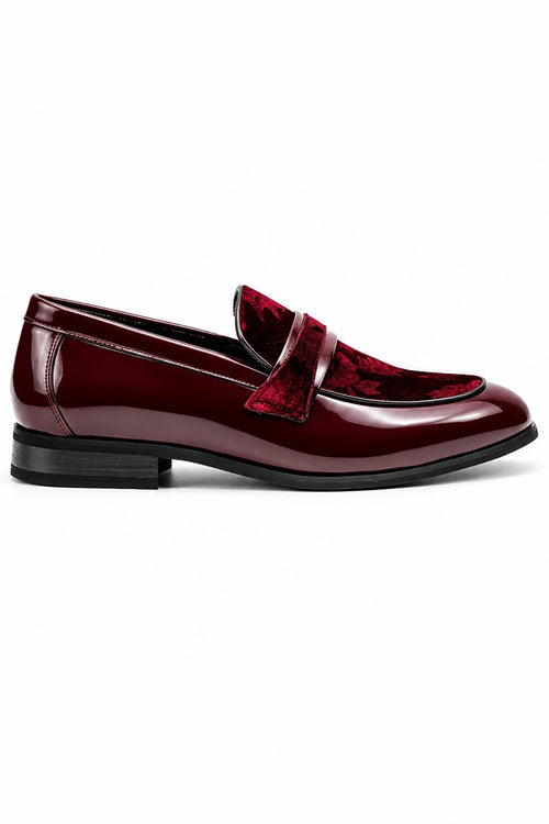 Men's Maroon Floral Velvet Patent Dress Loafers