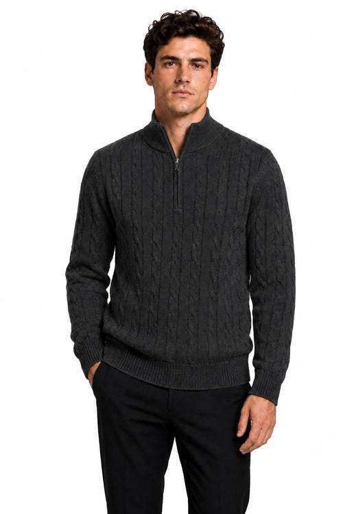 Men's Charcoal Grey 100% Cotton Fine Cable Knit Quarter Zip Neck Jumper