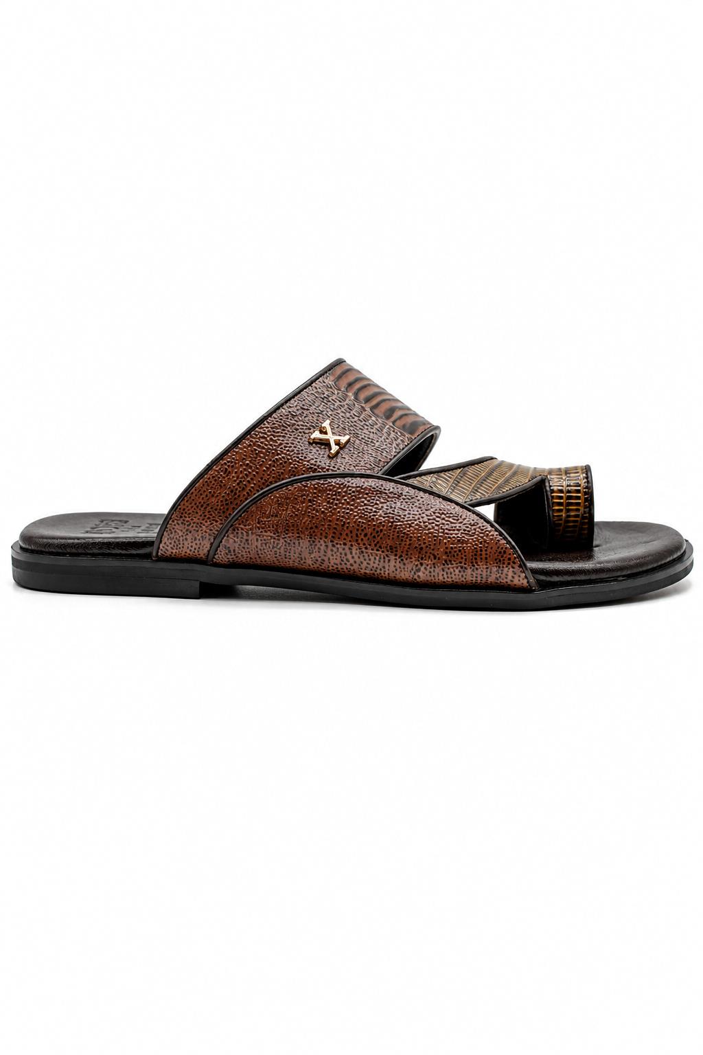 Men's Brown Handmade Real Leather Polished Printed Toe Loop Sandals