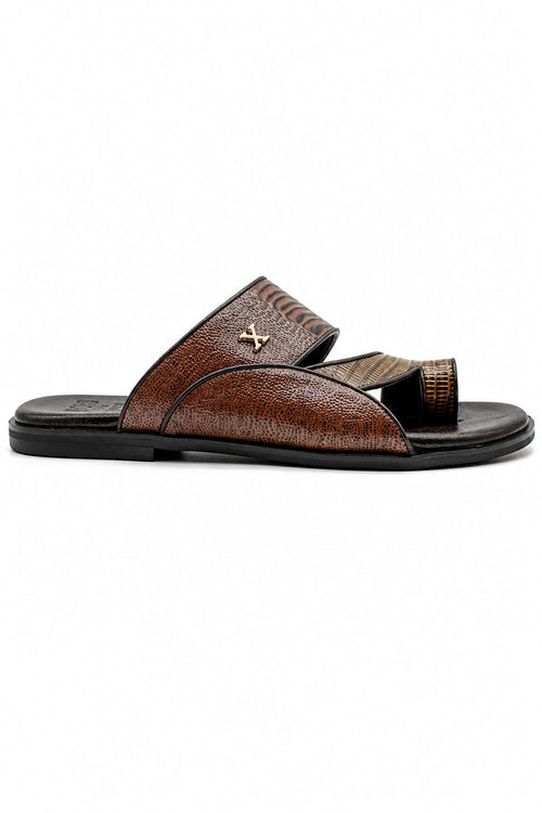 Men's Brown Handmade Real Leather Polished Printed Toe Loop Sandals