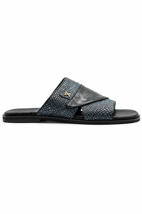 Men's Black & Grey Handmade Real Leather Open Front Slide Sandals