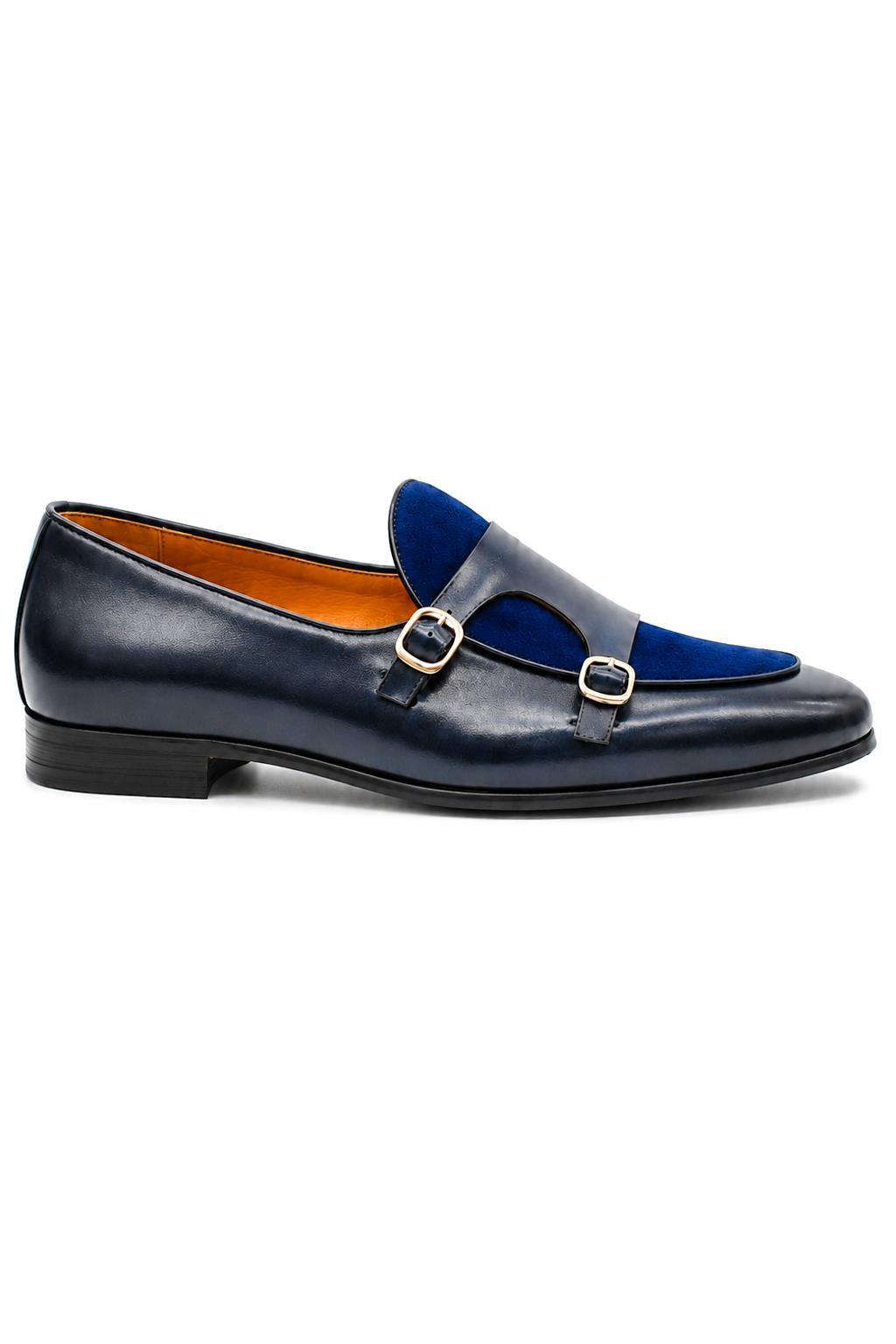 SOREN Men’s Navy Blue Leather & Suede Double Monk Shoes