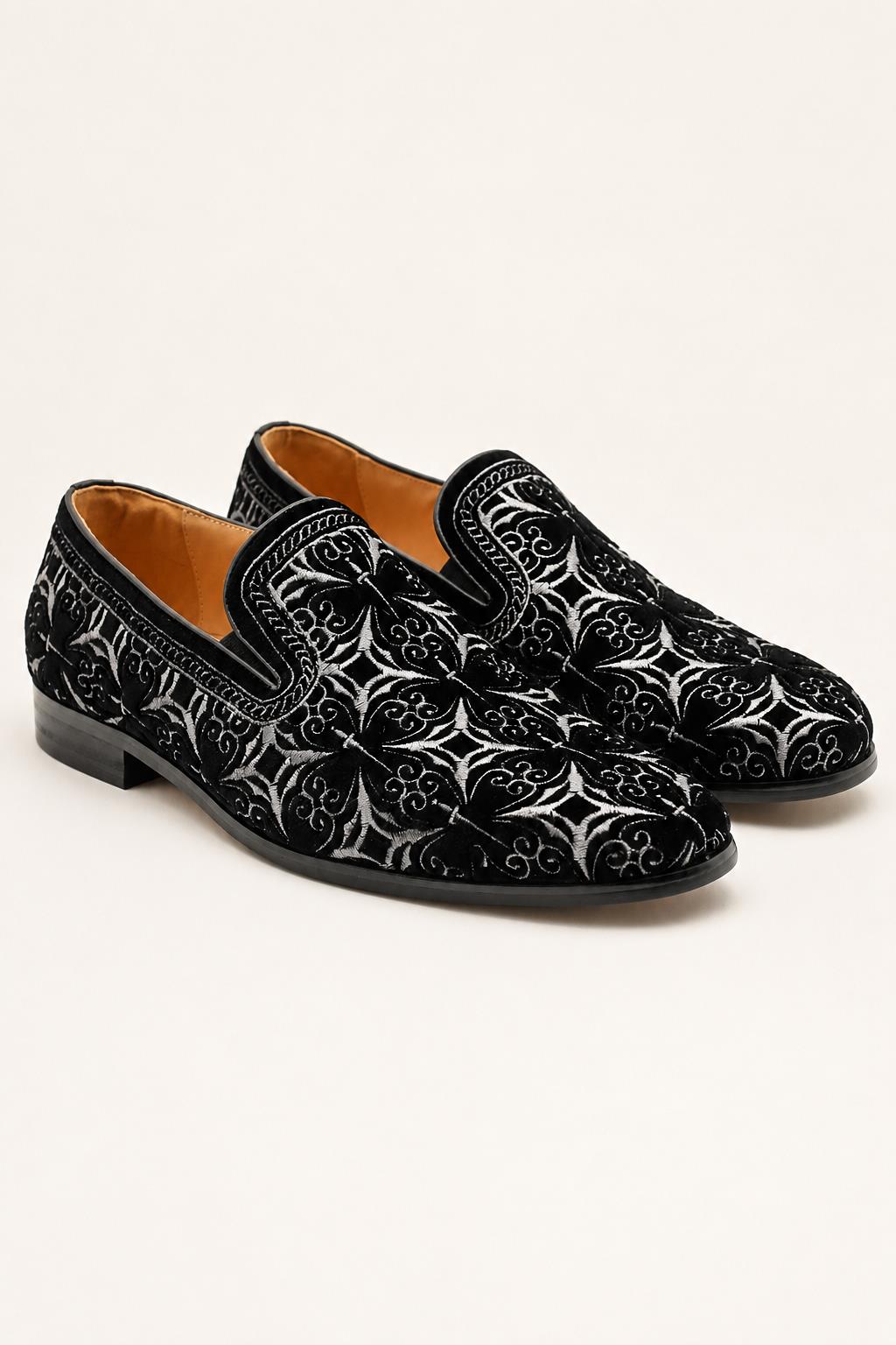 VITO Men’s Black Silver Embroidered Velvet Real Leather Party Loafers
