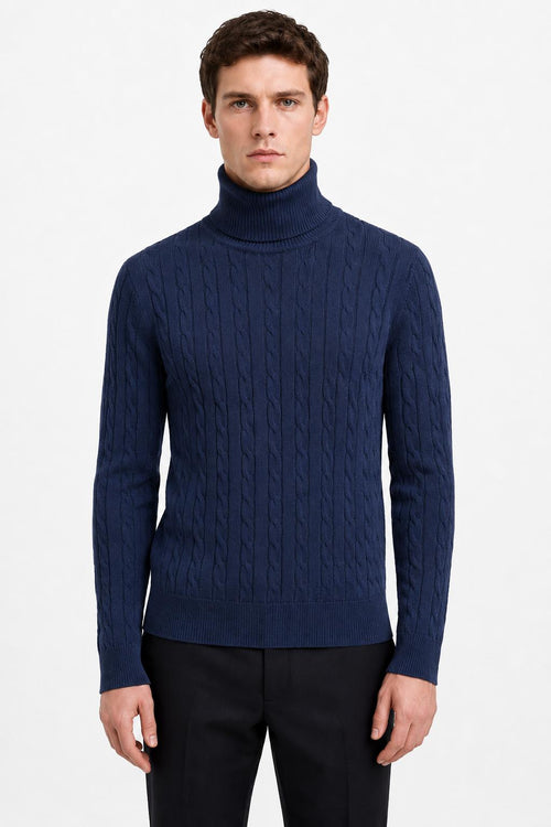 Men's Navy 100% Cotton Fine Cable Knit Roll Neck Jumper