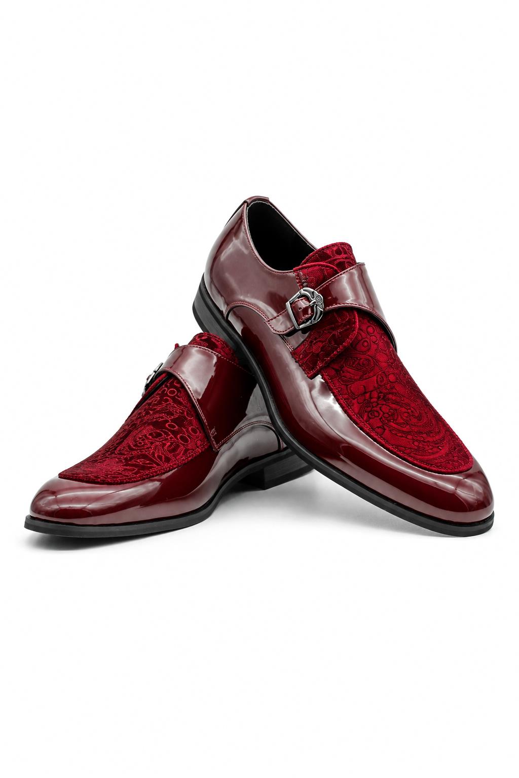 Men's Maroon Floral Velvet Monk Strap Dress Shoes