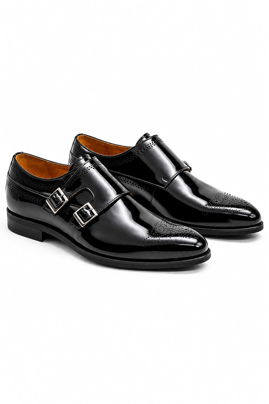 ROAN Men’s Black Hi-Shine Patent Leather Monk Dress Shoes