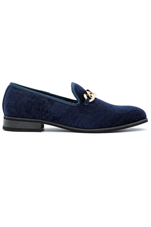Men's Navy Floral Velvet Gold Chain Wedding Loafers
