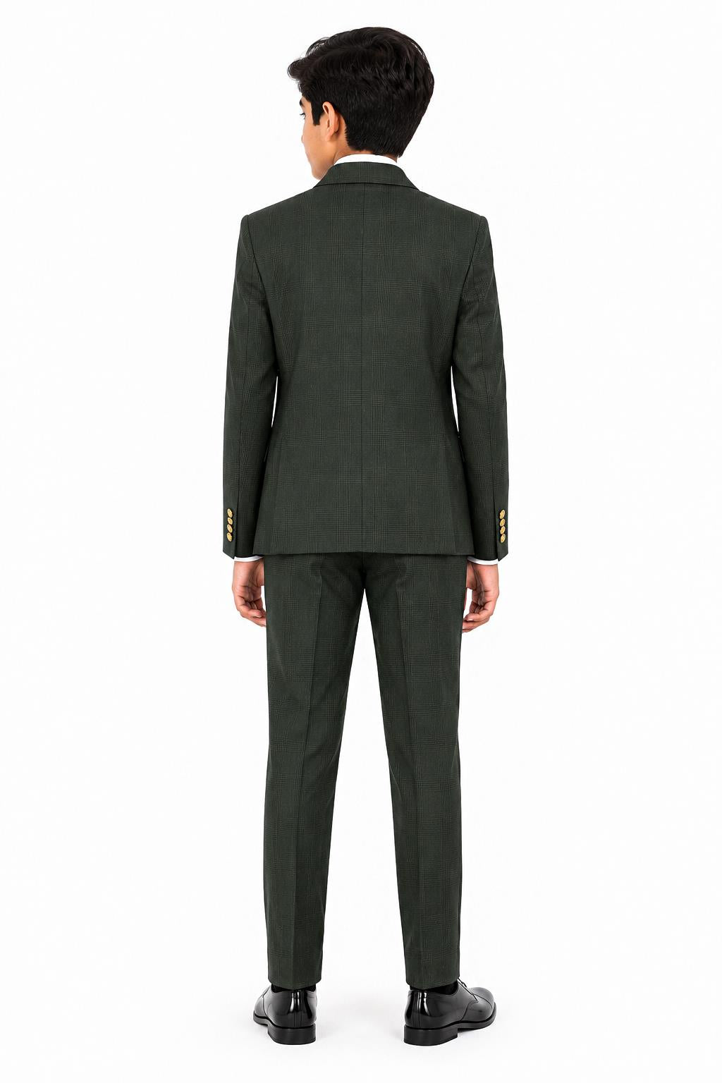 Boys Finley Olive Green Check Double Breasted 2 Piece Suit with Gold Buttons