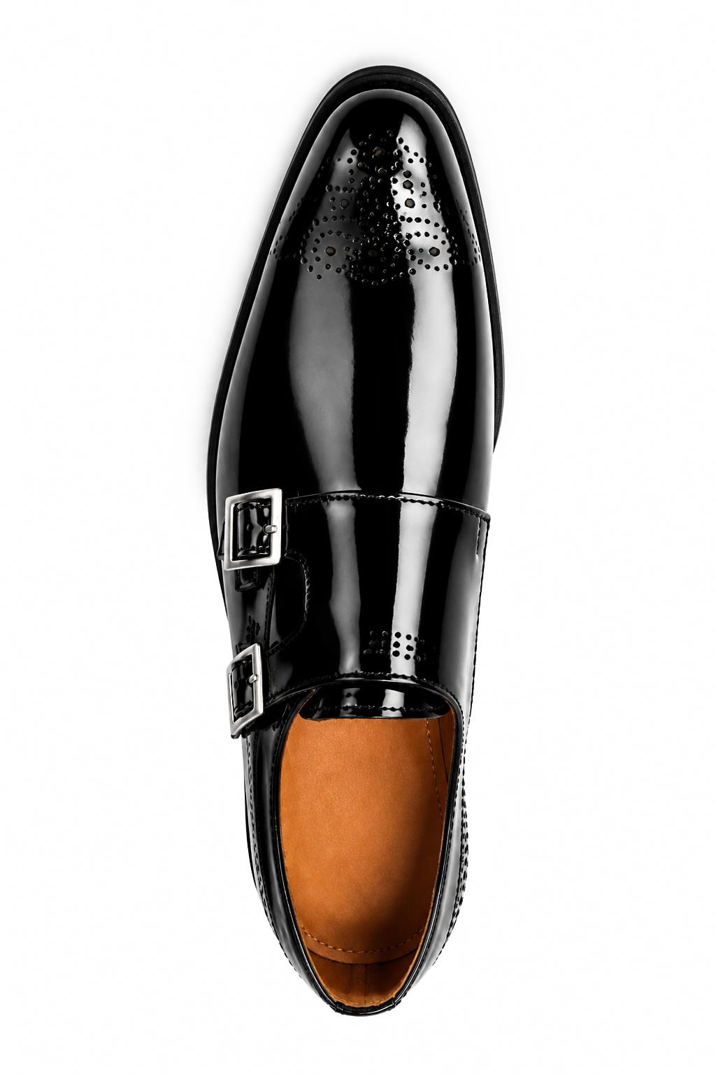 ROAN Men’s Black Hi-Shine Patent Leather Monk Dress Shoes