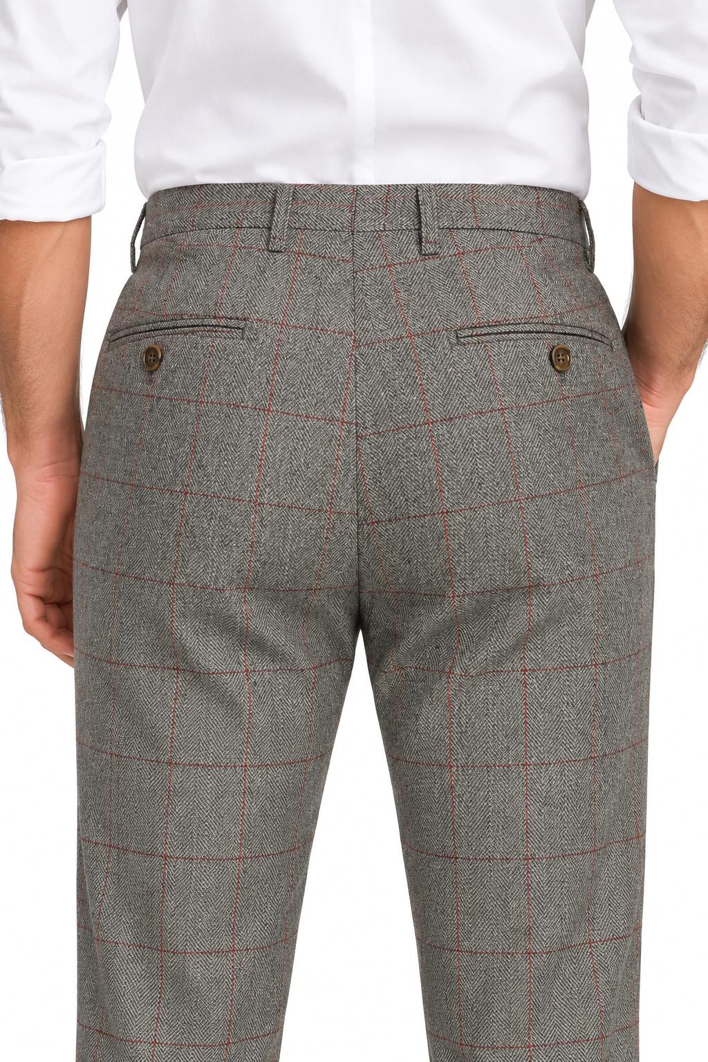 Kano - Mens Grey Double Breasted Tweed Herringbone Trousers