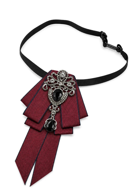Men’s Maroon Jewelled Short Ribbon Wedding Brooch Bow Tie